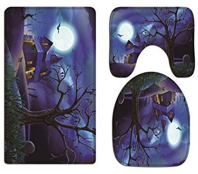 A.Monamour Badezimmer Badematte 3 Teilig Set Aquarell Lila Hausbaum Vollmond Halloween Nacht Szene Flanell WC Toilette Deckel Deckt Bad Matte Teppich Badteppiche Badvorleger Badgarnitur Vorleger