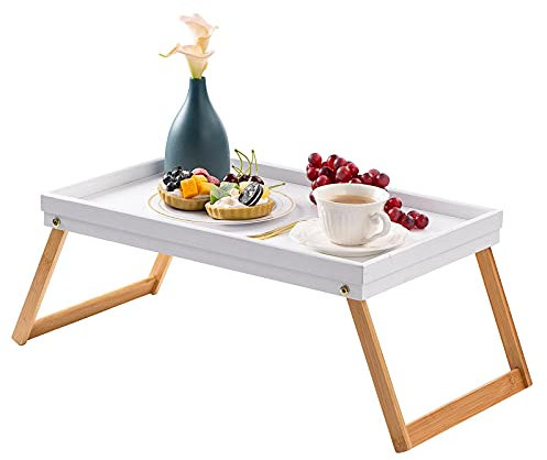 Vencier Bamboo Bed Tray, Folding Legs, Raised Edge, For Breakfast in Bed and Serving, HWD: 22x64x31cm, White (White/Natural)