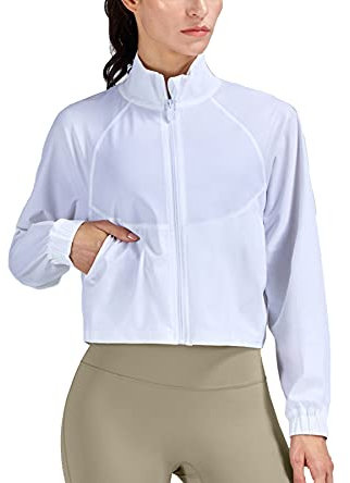 altiland Veste courte à manches longues avec fermeture éclair pour course à pied, yoga, gym, blanc, Small
