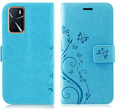 Hülle Kompatibel mit Oppo A16 / A16s | Premium PU Leder Handyhülle Wallet Case für A16 / A16s | Schutzhülle Blumen Klapphülle Handyhülle | Blau