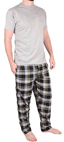 Mens Pyjamas Set Trousers Woven Check Lounge Pants Short Sleeve T Shirts Top (L, Grey - PjamaSet-21)