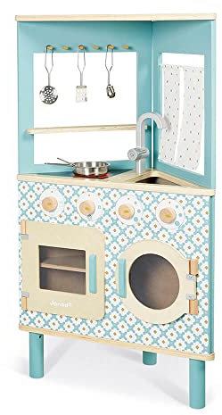 Janod - Cocina de Madera Trío - Compacta 3 Caras - Juguete Imitación Cocina y Vajilla - Estilo Retro - 5 Utensilios de Metal - Pintura al Agua - A partir de 3 Años, J06546