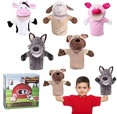 Animal Hand Puppets Gift Box Farm Theme Puppets Toys Set Puppet Theatre with Movable Open Mouth Plush Pretend Toys Zoo Friends for Kids Children Role-Play, Preschool, Storytelling