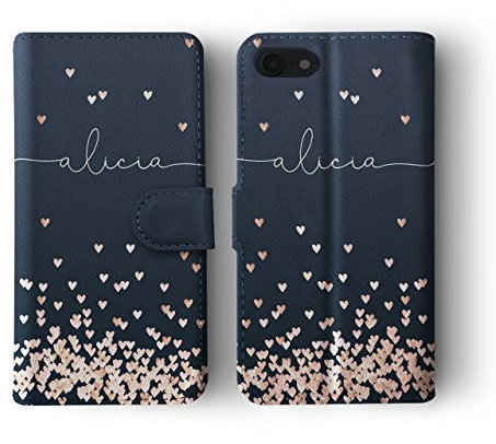Tirita Personalised Wallet Phone Case for iPhone 13 Mini With Card Holder – Leather Flip Case or Cover With Custom Name – Cute Personalised Gift for Women [06. Rose Gold Hearts]