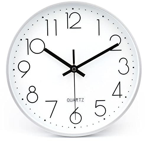 jomparis Wanduhr, batteriebetrieben, leise und Nicht tickende Wanduhr für Zuhause, Büro, Bad, 25,5 cm, Silber
