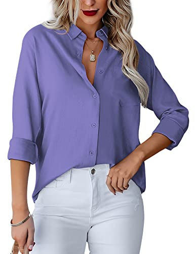 Homlan Damen Bluse V-Ausschnitt Hemd Langarm Elegant Lässige Oberteile Knopfleiste Hemdbluse Arbeit Einfarbig Langarmshirt mit Brusttaschen (X-Large, Violett)