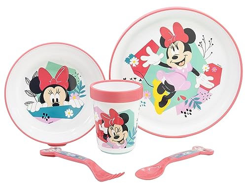 Vajilla infantil reutilizable antideslizante con base de silicona bicolor compuesto de plato, cuenco, vaso y cubiertos en caja de Minnie Mouse
