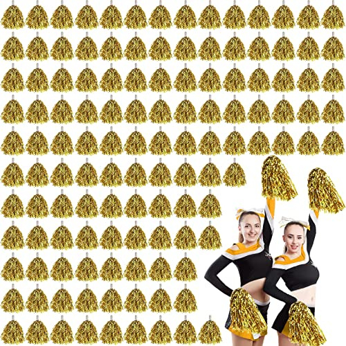 Leyndo 150 Stück Pompons Cheerleading Bulk Gold Metallic Folie Pom Poms mit Taktstock Griff Cheerleader Pompons für Sport Spiel Squads Tanzen Party Fußball Basketball