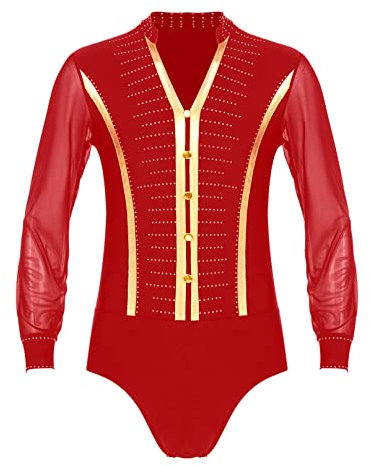 YiZYiF Herren Body Langarm V-Ausschnitt Tanzbody Latein Obeteile Leotard Overalls Männerbody Tango Rumba Tanzshirts Ballsaal Party Tanzkleidung Rot_B XXL