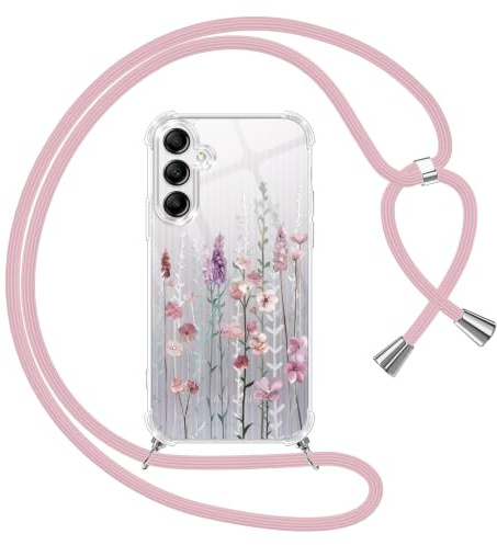 Yoedge Handyband Handyhülle für Samsung Galaxy A14 5G 6,8 Hülle mit Band, Weiche Silikon TPU + PC Stoßfest Schutzhülle mit Kordel zum Umhängen, Durchsichtig Case mit Aesthetic Muster, Blumen 3