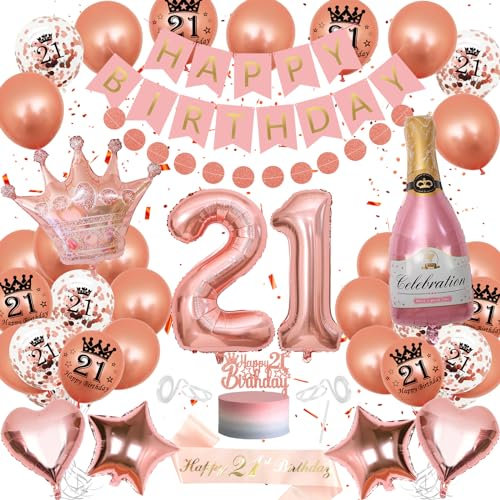 WKxinxuan 21st Birthday Decorations for Her, Rose Gold Theme Party Pack with Banner, Cake Topper, Sash, 33 Balloons