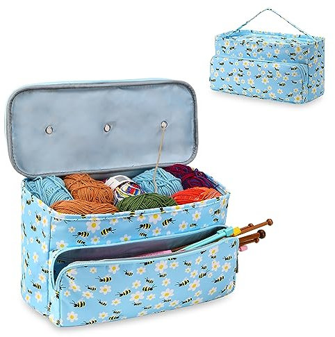 Stricktasche Aufbewahrung, Aufbewahrungstasche für Wolle Tangle Free mit 3 Ösen, Stricken Projekt Tasche und Totes Veranstalter große Stricktasche für Strickprojekte und Zubehör(Blau)