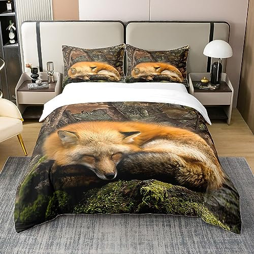 Fox 100% Baumwolle Bettbezug 155x220,Baum Zweig Camo Bettwäsche Set Dschungel Wild Tier Wald Jagd Tröster Abdeckung für Jungen Männer Rustikales Bauernhaus Bett Set Herbst Natur Tarnung Quilt Cover