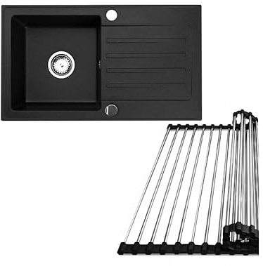 Faizee Möbel Granitspüle 76x44 Schwarz +Abtropfgitter Hochwertig beidseitig Montierbar Küchenspüle Granit inkl.Siphon Set