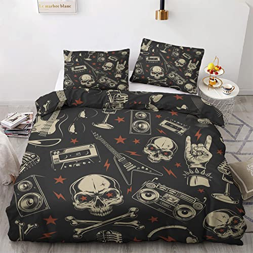 Rock King Size Duvet Cover Sets - Music Skull Bedding Set - Reversible Quilt Cover & 2 Pillowcases with Zipper and Ties, Ultra Soft and Non Iron Brushed Microfibre Bed Set 230x220 J9-&-238