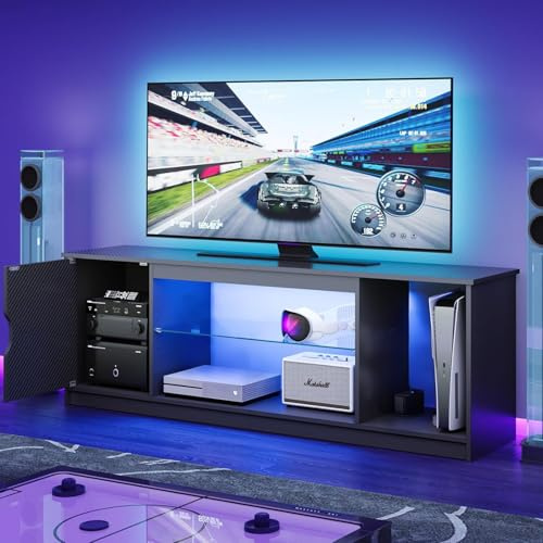 Bestier Supporto TV LED per TV da 55/60/65 pollici, centro di intrattenimento con armadio per PS5, Xbox, moderno mobile TV con ripiani in vetro regolabili per soggiorno, camera da letto, 145 cm, nero