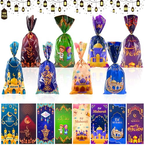 TOPJOWGA Ramadan Kareem Geschenktüten, 100Stück Eid Mubarak Favor Taschen, Cellophantüten, Ramadan Thema Zellophan Klar, Ramadan Candy Tasche, Ramadan Geschenktüte, Eid Mubarak Partytüten Party Deko