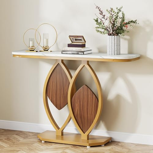 Tribesigns Gold Konsolentisch, Faux Marmor schlanke Eingangstisch mit geometrischen Metall Basis, Moderne hinter Couch Tisch schmal Lange Sofa Beistelltisch für Flur, Wohnzimmer und Foyer