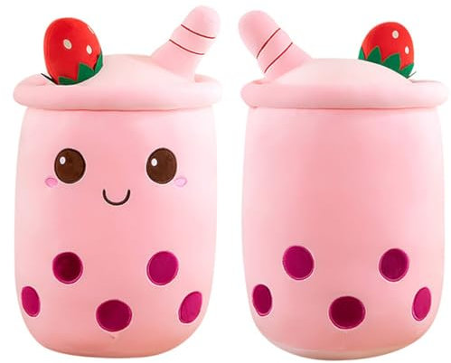 Aiuidun Bubble Tea Kuscheltier,Boba Stofftier Plüschkissen Spielzeug Weiches Umarmungskissen Geschenk für Kinder Mädchen Jungen(Rosa-Runde Augen,50cm)