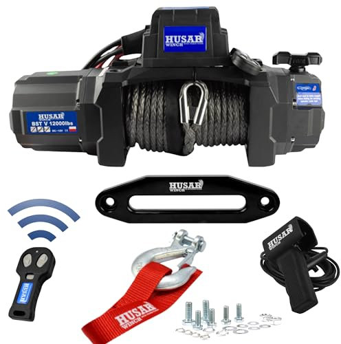 Husar Winch Treuil électrique 12000 lbs | 5443 kg 12V avec Corde Synthétique 26m x 10mm,Commande sans fil,Engrenage Planétaire à 3 étages,Idéal Pour,Véhicules Tout-Terrain,Véhicules 4x4,OFF-ROAD