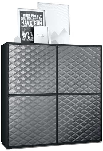 Vladon Highboard Cuba V2, Made in Germany, Anrichte mit 4 Türen und 8 Fächern, Schwarz matt/Stahlgrau 3D Struktur (104 x 105,5 x 35,5 cm)
