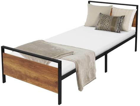 ML-Design Metallbett 90x200 cm mit Lattenrost, Bettgestell mit Holz-Kopf- und Fußteil, Schwarz-Braun, Stahl, Rustikaler Bettrahmen, Bett für Schlafzimmer/Gästezimmer, Einzelbett Gästebett Jugendbett