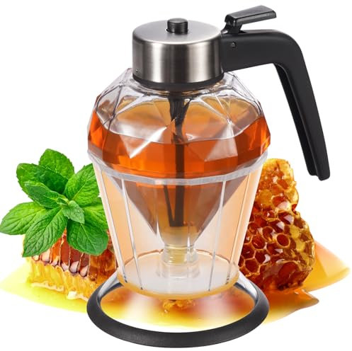 DESIOLE Dispensador de miel de vidrio, sin goteo con soporte, tarro de miel en forma de diamante, hermoso jarabe y tarro de azúcar