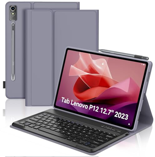 SENGBIRCH Funda con Teclado para Lenovo Tab P12 12.7, Lenovo Tab P12 Funda Teclado, Español Ñ Bluetooth Inalámbrico Desmontable para Lenovo P12 Tablet 2023 12.7 TB370FU, Lavanda