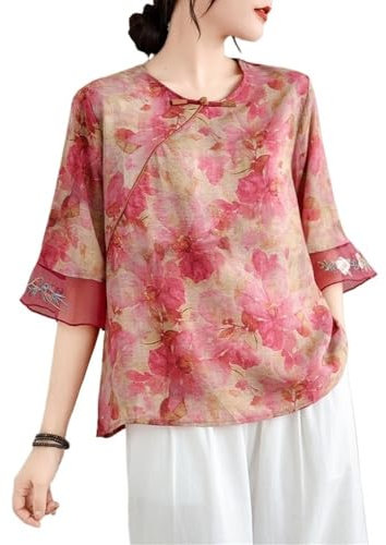 2024 Été Grande Taille Rétro Imprimé Fleuri Style Ethnique Chinois Petit Haut Col Rond Demi Manche Ample Fluide Blouse(Color:Rouge,Size:XX-Large)