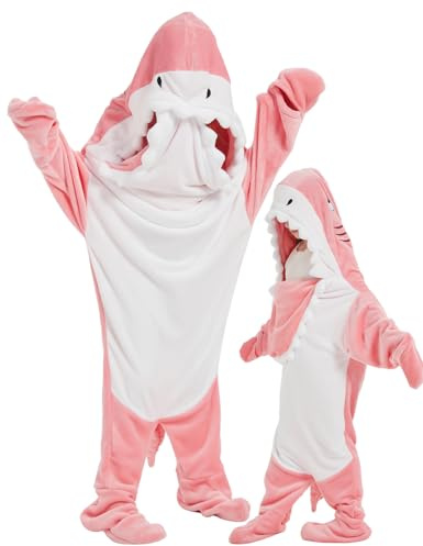 NAFLEAP Tragbare Decke Hoodie Kinder Hai Dinosaurier Einteiler Kostüm Geschenke für Mädchen Hai Rosa 130