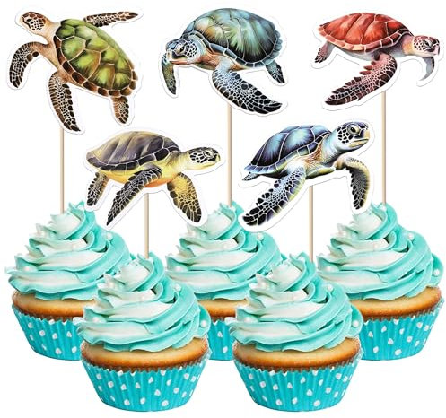 Xsstarmi 30 Pack Turtles Cupcake Toppers Double Sided Sea Animals Turtles Cupcake Picks for Ocean Sea Themed Baby Shower Birthday Party Cake Decorations Supplies