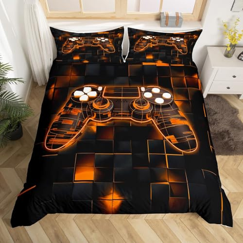 Homewish Orange Bettbezug für Jugendliche, Jungen, 240 x 260 cm, mit 2 Kissenbezügen, Gaming-Bettwäsche, Bettwäsche-Set, Gaming-Controller, Neonfarben, geometrisches Gitterbett
