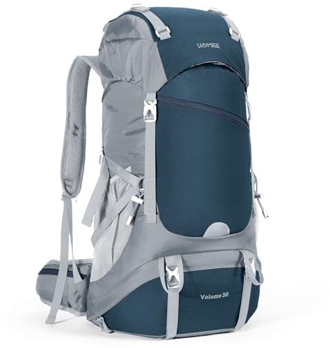 HOMIEE Wanderrucksack 50L Herren Damen Wasserdichter Trekkingrucksack Reiserucksack Outdoor Wandern Rucksack Mit Regenabdeckung, Blaugrau