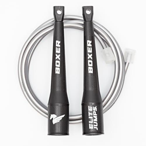 Elite Jumps Boxer Jump Rope 3.0 for Fitness & Cardio Training | Professionally Designed Boxing Jump Rope w/Smooth Action Polymer Handles & Slip-Resistant Grips | Tangle-Free PVC | Silver