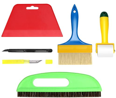 QWOKR Kit per Carta da Parati- Spazzole per Carta da Parati, Zpatola per Lisciare, Rullo per Cuciture, Bisturi e 10 Lame di Ricambio