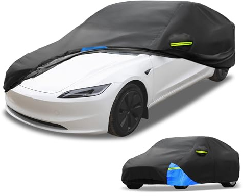 Partuto 210D Car Cover for Tesla Model 3 with Left Side Zipper | All Weather Waterproof UV Sun Rain Protection, Left Side Zipper, Black Blue