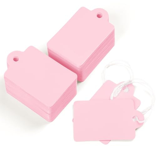 Uniclife 200 Pièces Étiquettes Prix 2.5 cm Rose - Marquage Inscriptible avec Ficelles de Suspension pour Vêtements, Bijoux, Fournitures et Cadeaux - 3,5 x 2,2 cm