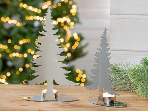 CULT at home 2 Stück Deko Teelichthalter Weihnachtsbaum Tannenbaum - Tischleuchter Dekoration Advent Weihnachten - Adventsdeko Weihnachtsdeko - Metall Farben: Silber Braun Höhe 20/25 cm
