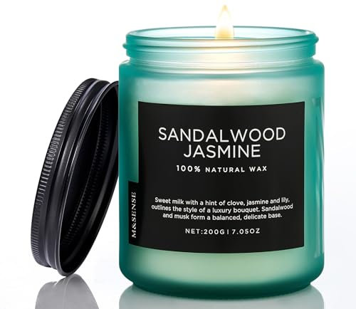 M&SENSE Duftkerze im Glas – Sojawachskerze Jasmin und Sandelholz 200g | Blumiger und Holziger Duft | 50 Stunden Brenndauer | Natürliche Aromatherapie-Kerze für Meditation und Entspannung