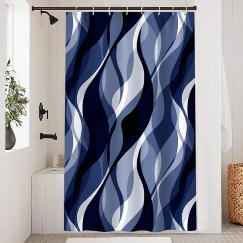 Uiiooazy Rideau Douche Anti Moisissure, Rideau de Douche Bleu Marine Abstrait Rayure Noir Rayé Rideaux de Baignoire Tissu Imperméable Lavable Polyester Rideaux Salle de Bain avec 8 Crochets 120x180cm
