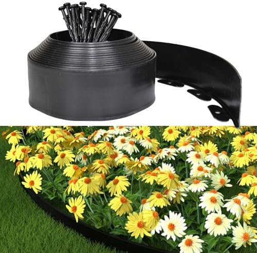 Bordura Giardino Plastica, Recinzione Giardino Esterno 10cmx10m, Include 30 punte di ancoraggio e 1 connettori, con un paio di guanti, Recinzione Decorativa per Giardino (Nero, 10cmx10m)