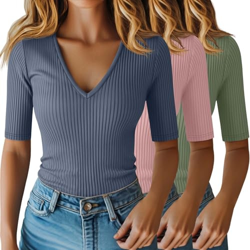 Riyiper 3 Pack Womens Half Sleeve V Neck Ribbed Tops, 3-Color, Medium