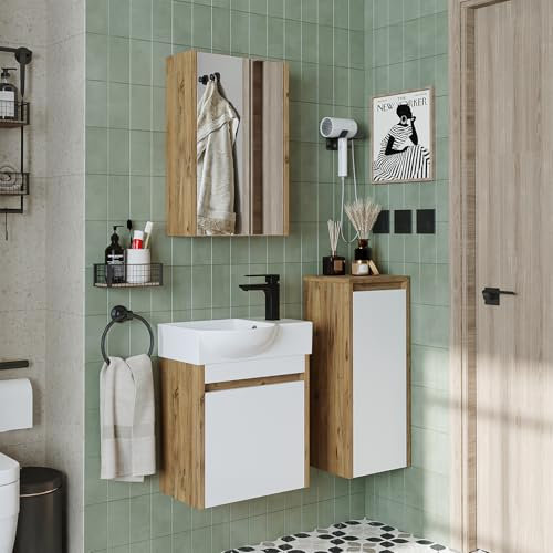 ROOMART Badmöbelset • Leo • Unterschrank mit Waschbecken • Badezimmer Möbel • Gäste WC (Weiß-Eiche, Komplettes Set(Wasserhahn rechts))