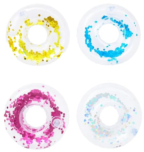 4 Stück Aufblasbare Getränkehalter, Schwimmender Getränkehalter Pool, Transparent mit Pailletten für Poolparty, Strandparty und Tropische Feste, Gold Silber Rosa Blau