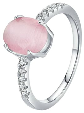 Gualiy Weißgold Schmuck Damen Ring, 9 Karat Echtgold Eheringe mit Oval Form Rosa Opal Ring Größe 57