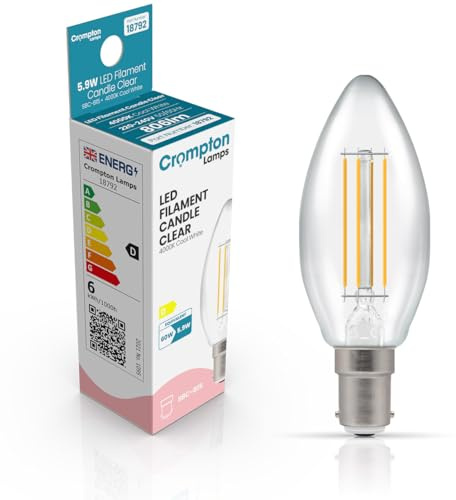 Crompton Lamps Filament Candle LED Light Bulb SBC-B15d | 5.9W = 60W Equivalent | Cool White 4000K | Energy Efficient | Small Bayonet Lightbulb | Long Life 15,000-Hrs | Clear Glass | Dimmable