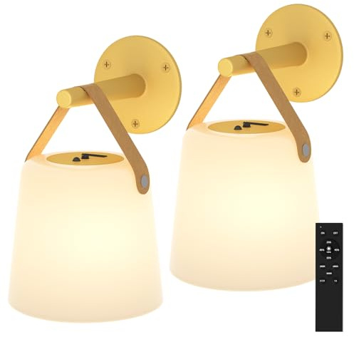 TACAHE Rechargeable Wall Sconce - Plastic Frosted Lampshade - 3 Color Temp & 5 Brightness - Remote Control - 5000 mAh Battery Operated - Cordless Wall Lamp for Camper, RV - Set of 2 (Gold)