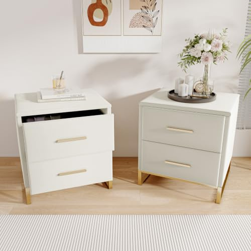 Lietre Set mit 2 gepolsterten Nachttischen mit 2 Schubladen, Beistelltisch, Couchtisch, schmal, mit Füßen und Griffen aus vergoldetem Metall, für Wohnzimmer, Schlafzimmer, Samt (Beige-C)