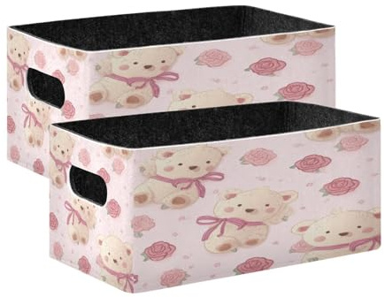 Kcldeci Cute Teddy Bear with A Rose 2 Pack Storage Baskets for Organizing,Sturdy Foldable Storage Bins Organizer for Shelves Closet Nursery