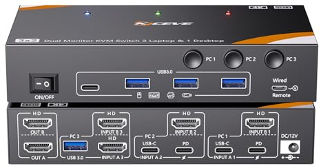 YOUTINGHDAV KVM Switch 3 PC 2 Monitore USB-C HDMI, USB 3.0 Dual Monitor KVM Switch für 2 Laptops 1 Desktop Teilen 4 Geräte Tastatur Maus, 100W PD, 4K@60Hz, Wired Remote(4K USB C HDMI 3 in 2 out KVM)